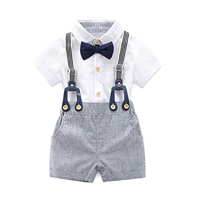 Baby Boys Gentleman Outfits Suits, Infant Short Sleeve Shirt+Bib Pants+Bow Tie Overalls Clothes Set | Amazon (US)