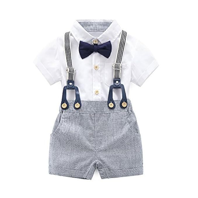 Baby Boys Gentleman Outfits Suits, Infant Short Sleeve Shirt+Bib Pants+Bow Tie Overalls Clothes Set | Amazon (US)