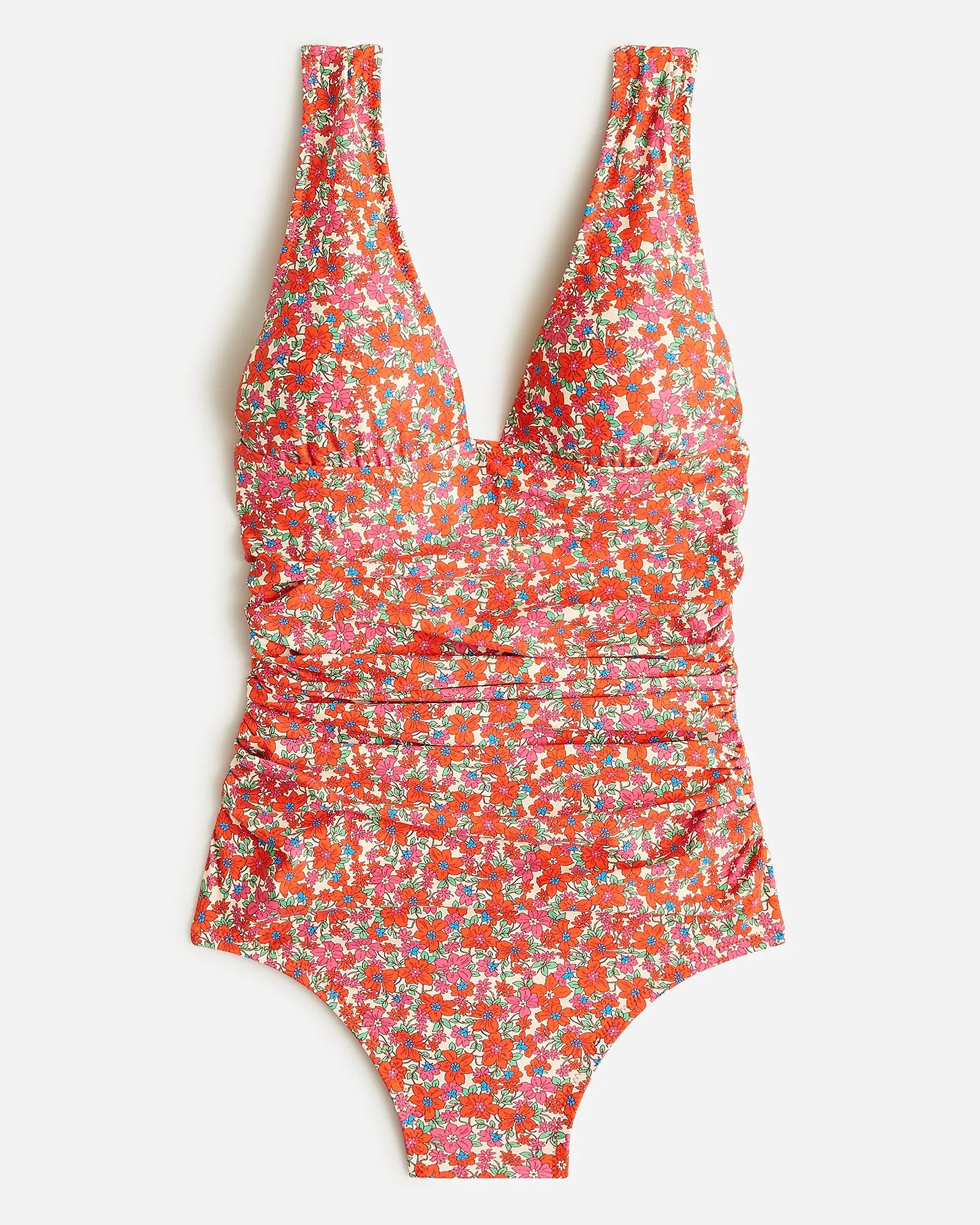 Ruched V-neck one-piece swimsuit in brilliant blooms | J.Crew US
