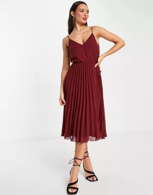 ASOS DESIGN pleated cami midi dress with drawstring waist in oxblood | ASOS (Global)