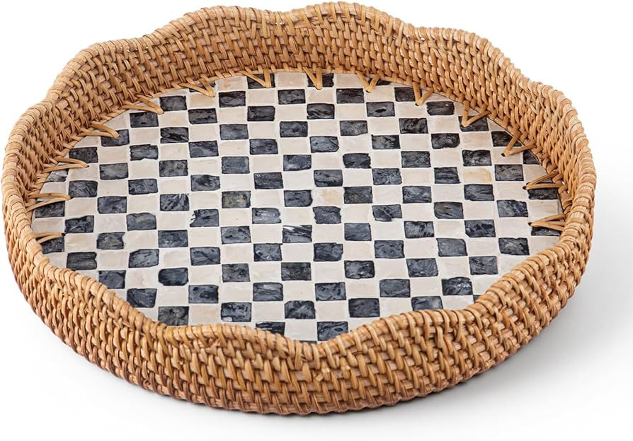 Scalloped Round Rattan Tray with Mother of Pearl Inlay 12 Inch Decorative Wicker Serving Tray wit... | Amazon (US)