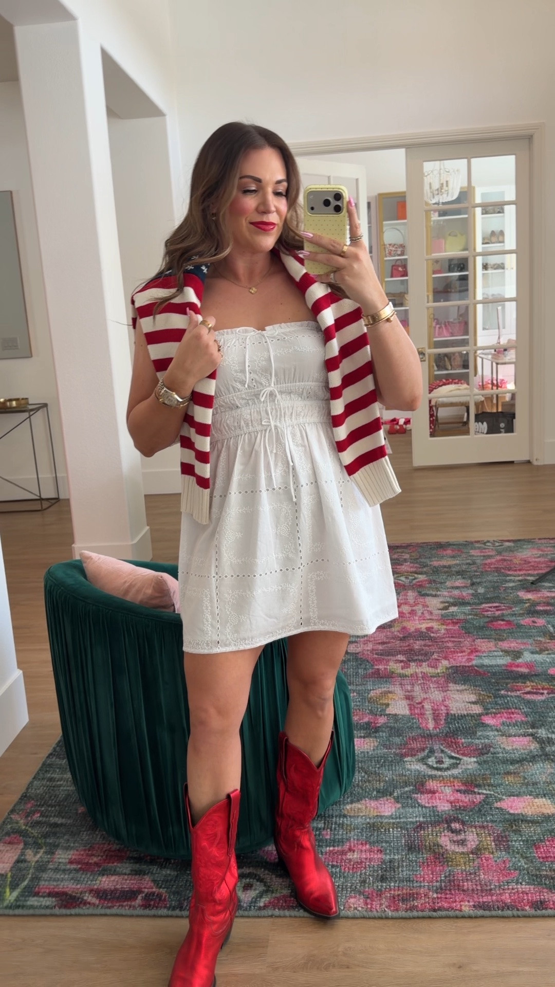 curvy midsize outfit for summer and the 4th of july! wearing size medium on white strapless eyelet mini dress and linking similar red cowboy boots ❤️

#LTKSeasonal #LTKMidsize