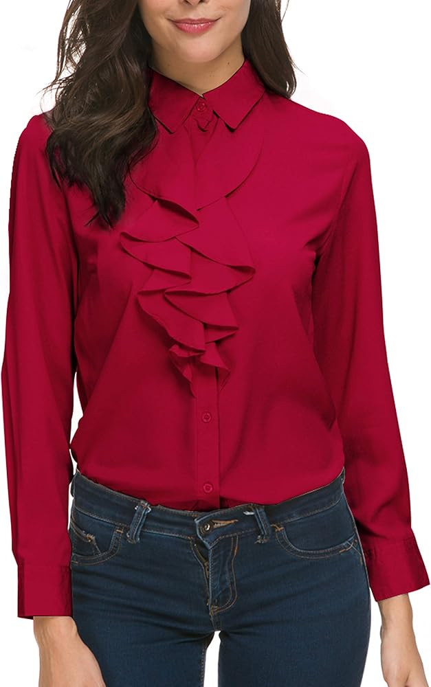 Womens Vintage Long/Short Sleeve Lotus Ruffled Casual Work Shirt Chiffon Blouse Basic Tops | Amazon (US)