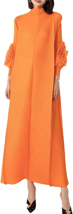 Pohullan Women 3/4 Sleeve Pleated Long Dress Mock Neck Loose Plate Flower Oblique Pleated Dress | Amazon (US)