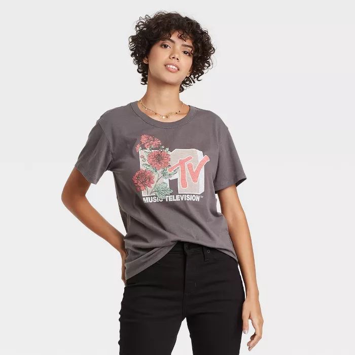 Women's MTV Floral Print Short Sleeve Graphic T-Shirt - Black | Target