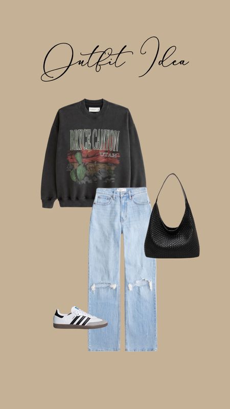 Casual outfit idea! Abercrombie style- i love Abercrombie graphic sweatshirts I wear a large or xl- curve love 28/6 long. 90’s relaxed jeans- adidas sambas 