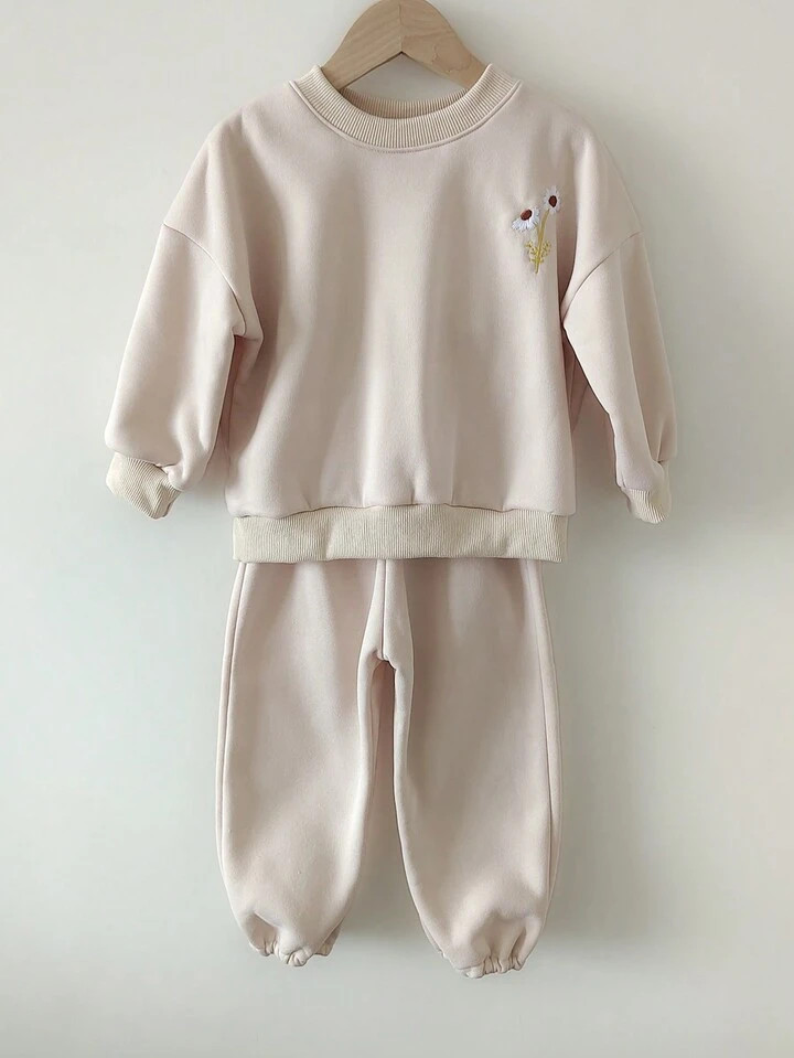Baby Girl Embroidery Floral Pattern Drop Shoulder Sweatshirt & Sweatpants | SHEIN