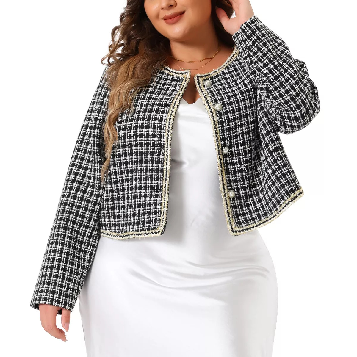 Agnes Orinda Women's Plus Size Plaid Collarless Long Sleeve Open Front Work Tweed Blazers | Target