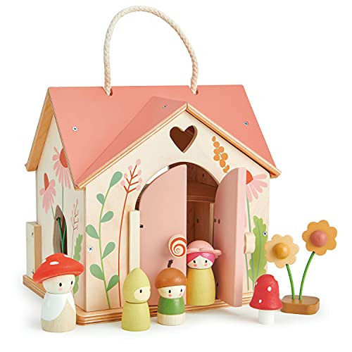Tender Leaf Toys - Rosewood Cottage - Portable Furnished Wooden 2-Story Dollhouse Set with Handle, 4 Pcs Miniature Toadstool Family with 10 Accessories - Pretend Play Gift for Kids - Age 3+ | Amazon (US)