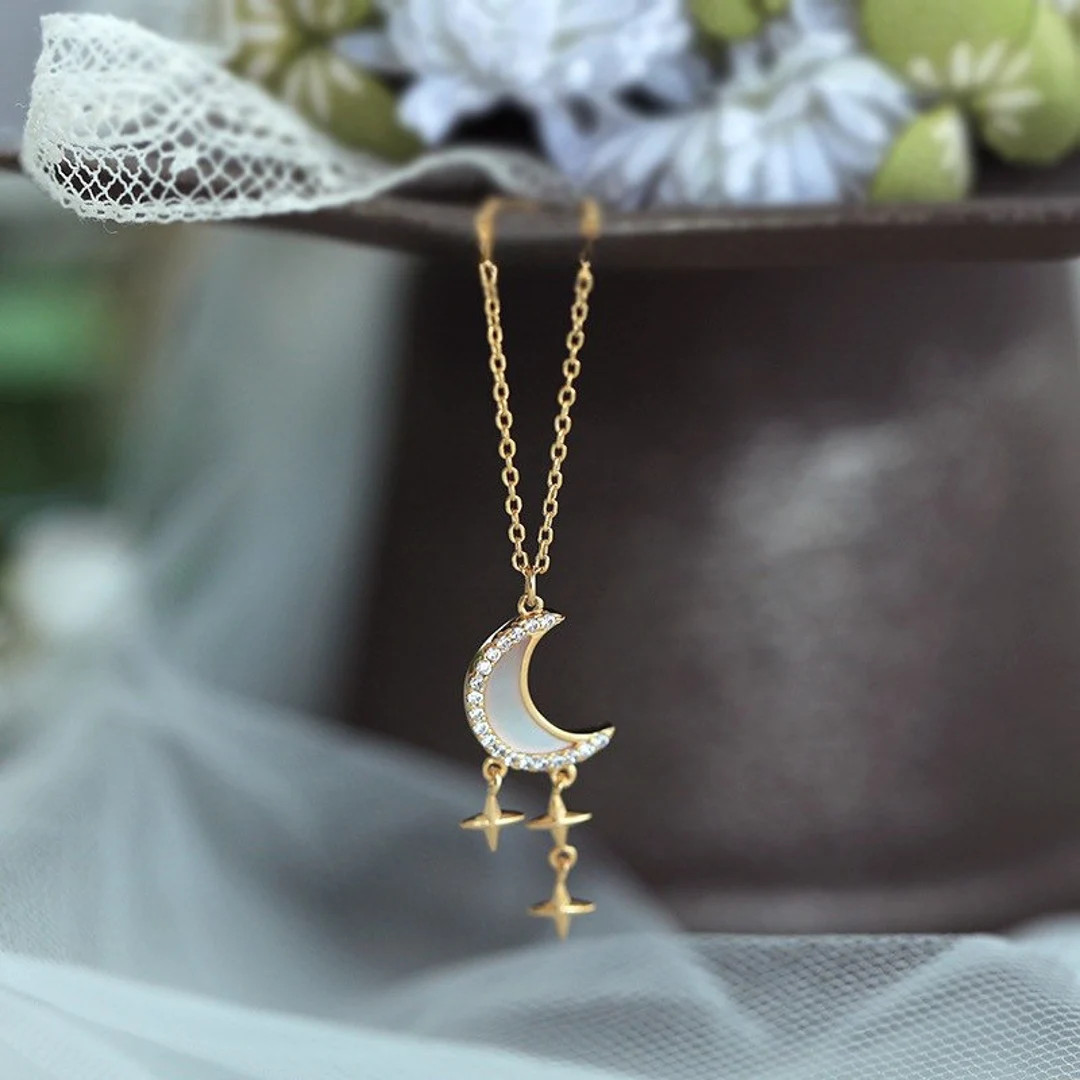 Crescent Moon Star Pendant Necklace, Celestial Moon Star Charm Necklace, Diamond Moon Necklace Go... | Etsy (US)