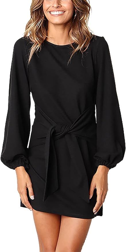 PRETTYGARDEN Women’s Elegant Long Lantern Sleeve Short Dress Crewneck Tie Waist Knit Cocktail D... | Amazon (US)