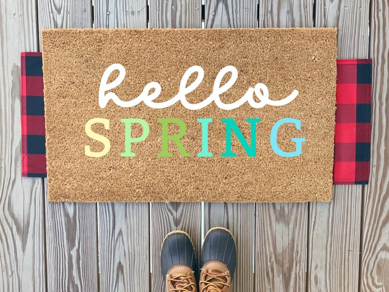 Cute Multicolor Hello Spring Doormat | Seasonal Welcome Home Mat | Spring Porch Patio Decor | Col... | Etsy (US)