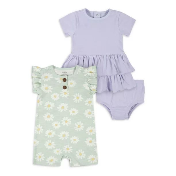 Modern Moments By Gerber Baby Girl Romper & Dress with Diaper Cover, 3-Piece Outfit Set, (0/3 Mon... | Walmart (US)