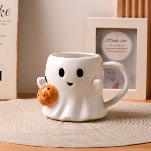 Halloween Coffee Mug, 20oz Cute Ceramic Ghost Pattern Coffee Mug, White Pumpkin Ghost Mugs, Cute Handmade Halloween Gifts for Kids Adult (white) | Amazon (US)