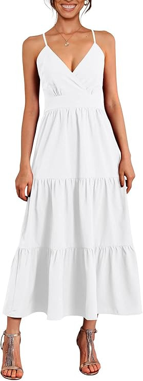 Hocuos Women's Dress 2023 Sexy V-Neck Spaghetti Strap Tie Waist Sleeveless A Line Flowy Ruffle Ti... | Amazon (US)