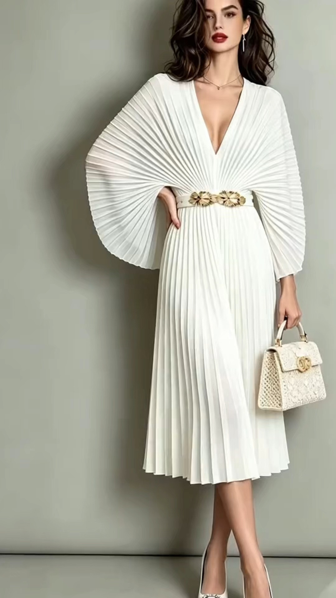 Chic Deep V Pleated Midi Dress With Gold Belt For Summer Formal Evening Events#summer dresses
#weddingguestdress

#LTKootd #LTKOver40 #LTKWedding