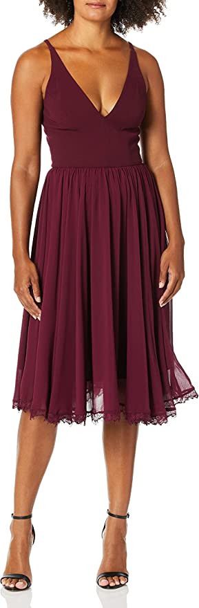 Dress the Population Women's Alicia Plunging Mix Media Sleeveless Fit and Flare Midi Dress | Amazon (US)