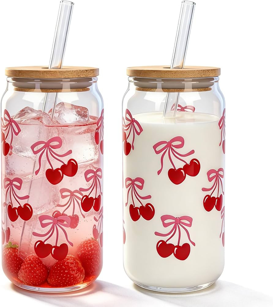 Mason Life Cherries Bows Glass Cups with Lids and Straws, 18OZ Cherry Decor Iced Coffee Cups with... | Amazon (CA)