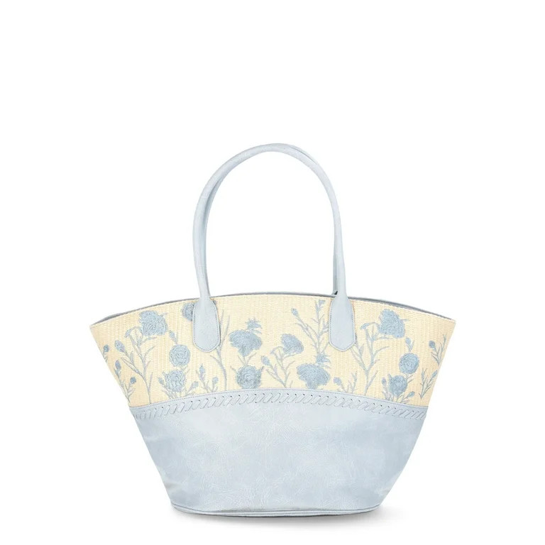 The Pioneer Woman Raffia Tote Bag with Floral Embroidery, Light Blue, Women's | Walmart (US)