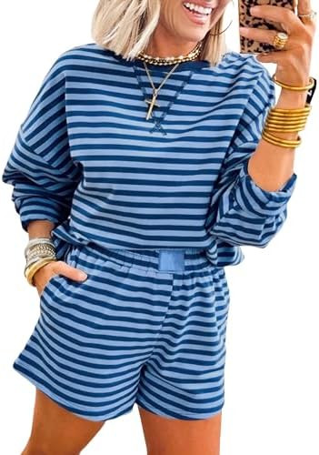 SELINK Women 2 Piece Outfits Sweatsuit Casual Long Sleeve Pullover and Shorts Sets Travel Tracksu... | Amazon (US)