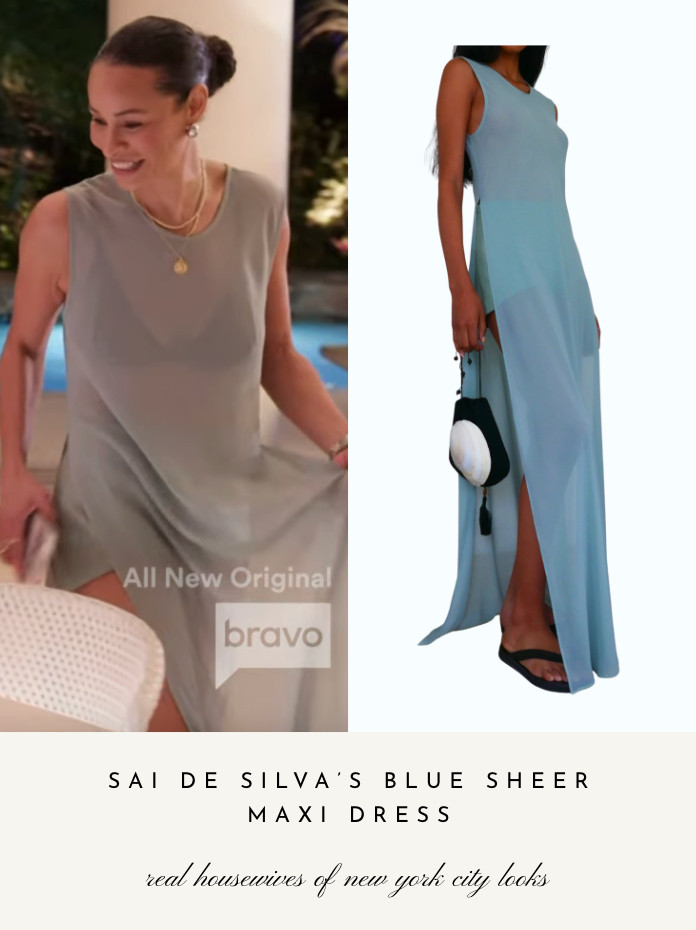 Sai De Silva's Blue Sheer Maxi Dress is by Sloan // Shop Similar 

 