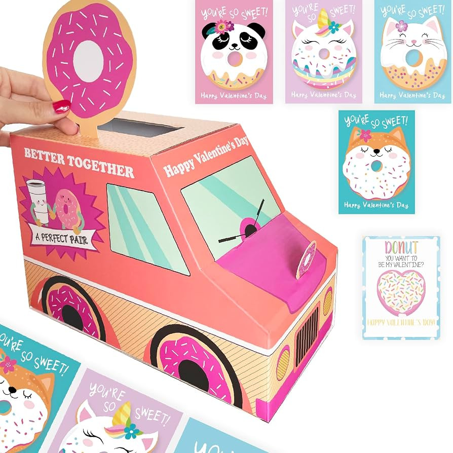 Donut Truck Valentines Day Mailbox For Kids With 32 Valentines Cards For Kids Classroom And 8 For... | Amazon (US)