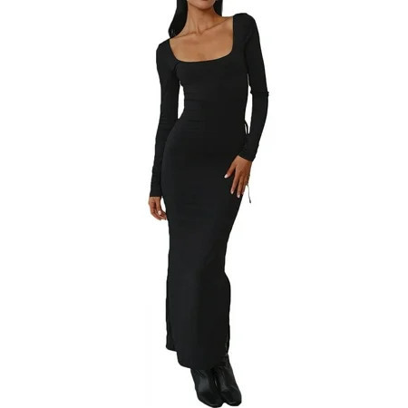 CenturyX Women Black Long Sleeve Square Neck Open Back Long Party Dress | Walmart (US)