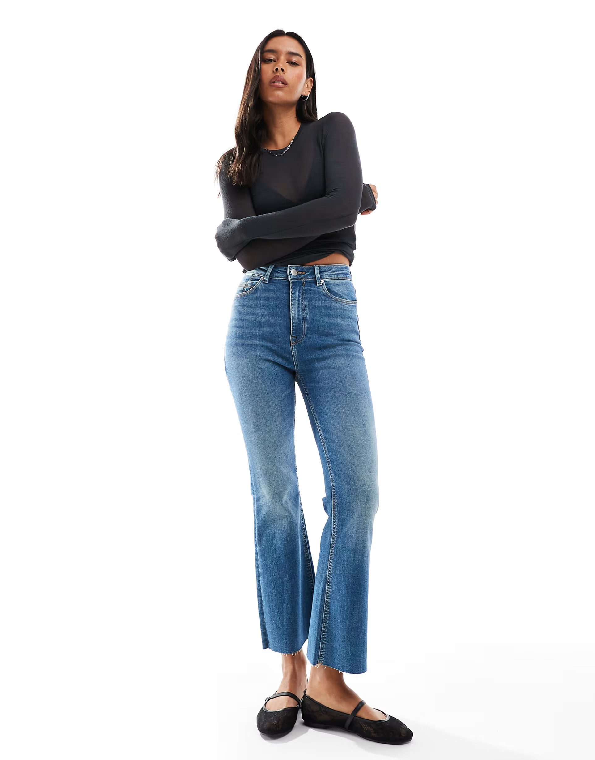 Stradivarius cropped flare jean in medium wash blue | ASOS (Global)