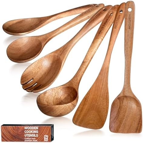 Wooden Spoons - Wooden Spoons for Cooking,Natural Wooden Kitchen Utensils Set Non Toxic,6-Piece W... | Amazon (US)