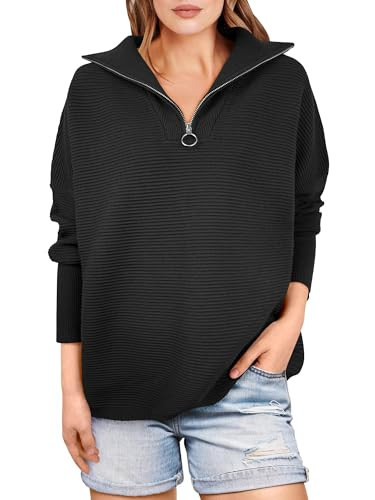 ANRABESS Women Quarter Zip Oversized Casual Loose Rib Knit Cozy Pullover Sweaters Top 2025 Fall Fashion Outfits Clothes Black Large | Amazon (US)