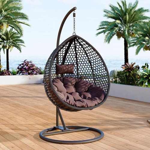 Egg Swing Chair Outdoor with Stand, Indoor Hanging Egg Chair, Rattan Basket Chair with Cushion and Pillow, Foldable Basket and Metal Stand for Backyard Sunroom Patio Balcony (Black) | Amazon (US)