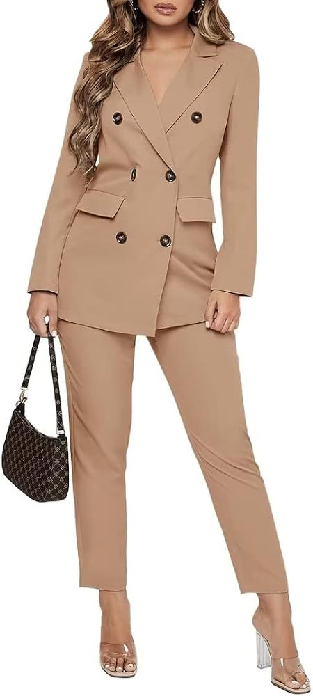 Women Double Breasted Blazer Set Formal 2 Piece Pants Outfits Long Sleeve Bussines Suit Set for W... | Amazon (US)
