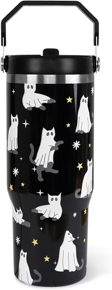 Halloween Tumbler with Lid and Straw 30oz,Black Cute Ghost Cat Vacuum Insulated Leak Proof Tumble... | Amazon (US)
