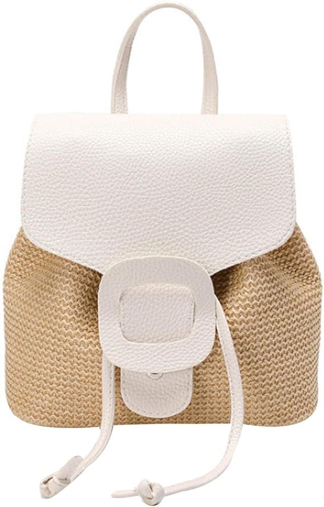 Meyaus Women Mini Straw Woven Backpack PU Leather Flap Drawstring Daypack Small Shoulder Bag | Amazon (US)