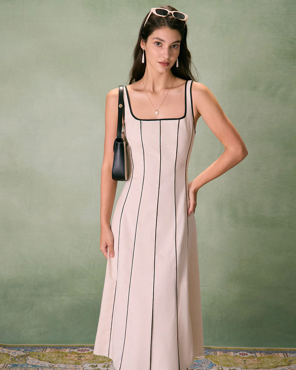 The Khaki Square Neck Contrast Midi Dress | rihoas.com