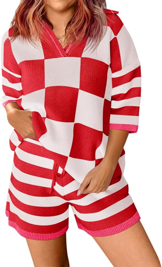 Aoysky Womens 2 Piece Outfits Sweater Sets Color Block Striped Half Sleeve V Neck Knit Tops Short... | Amazon (US)