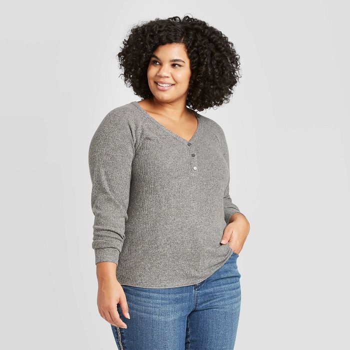 Women's Plus Size Long Sleeve Henley Neck Cozy Rib Shirt - Universal Thread™ | Target