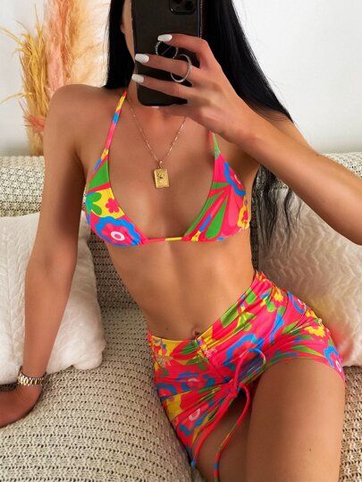 3pack Floral Print Triangle Bikini Swimsuit & Beach Skirt | SHEIN
