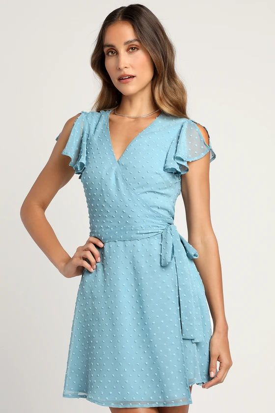 Much to Celebrate Slate Swiss Dot Flutter Sleeve Wrap Mini Dress | Lulus (US)