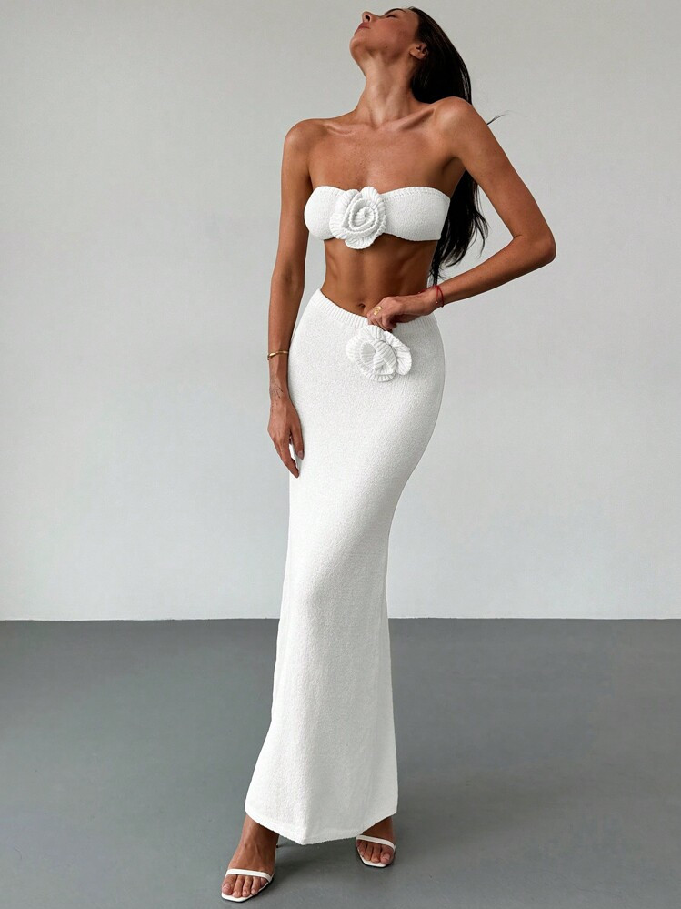 Aloruh 2pcs/Set Apricot Beach Vacation Romantic Date Off-Shoulder Top With 3D Flower Tie + Long Maxi 3D Flower Skirt For Women | SHEIN