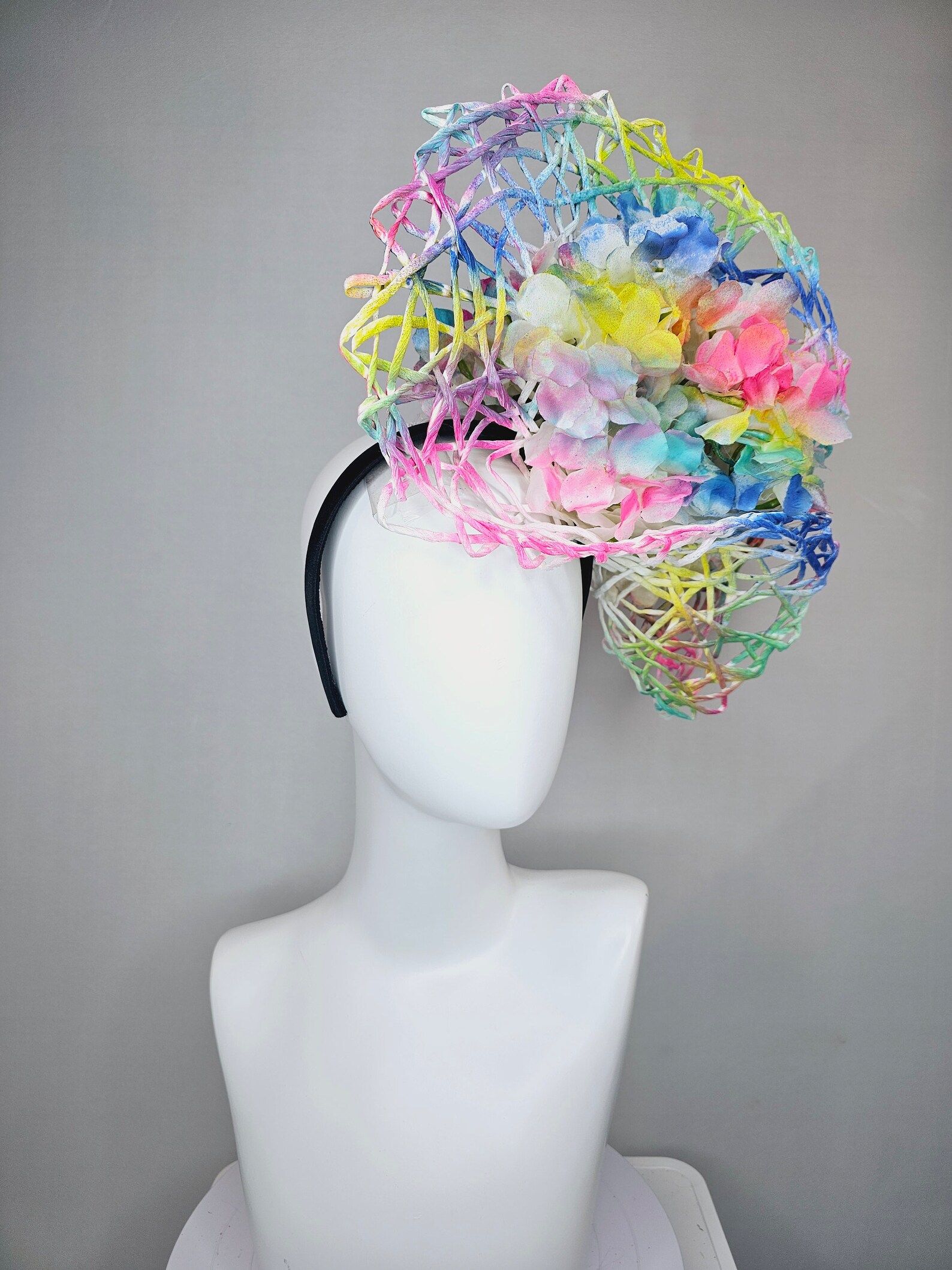 kentucky derby hat fascinator ombre rainbow colorful netting and white hydrangea flowers | Etsy (US)