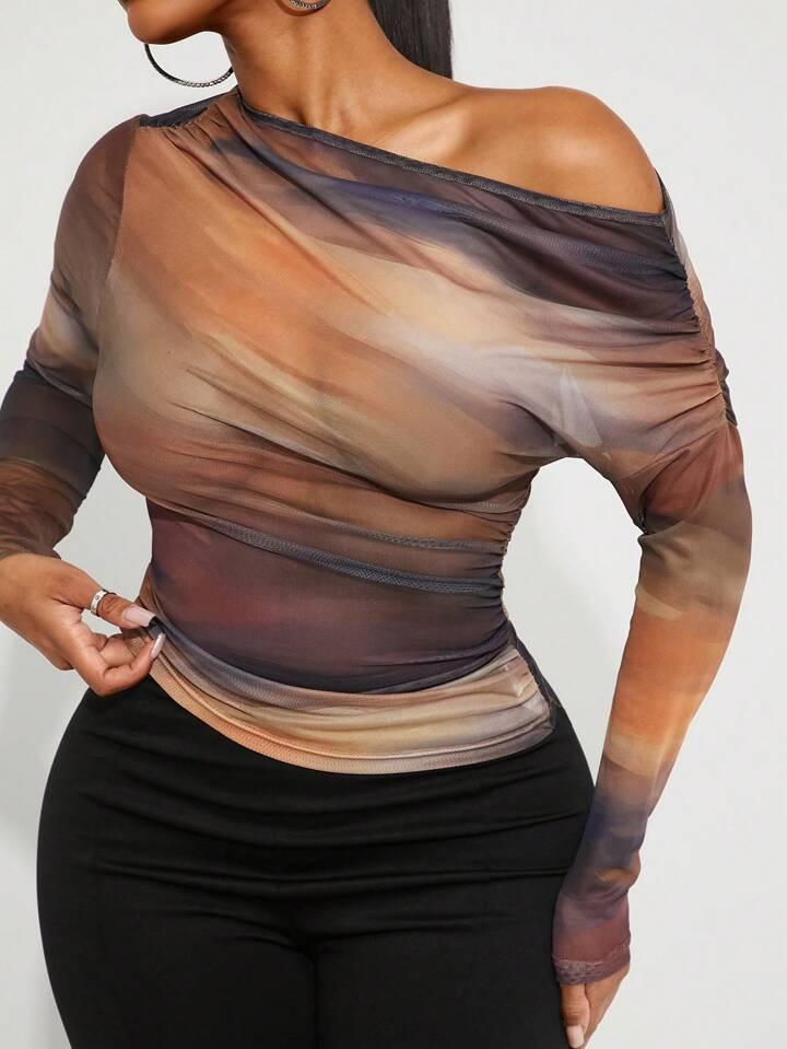 SHEIN SXY Casual Off Shoulder Ombre Net Blouse, Sexy Outerwear | SHEIN