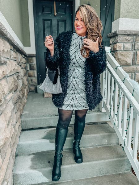 Lizzo concert outfit -midsize party outfit 
Sequin party dress size 14- non rip smoothing tight tts! Lug sole knee high boots tts - fur coat -sparkle bag 
Cocktail dress -party dress- holiday dress 

#LTKSeasonal #LTKcurves #LTKHoliday