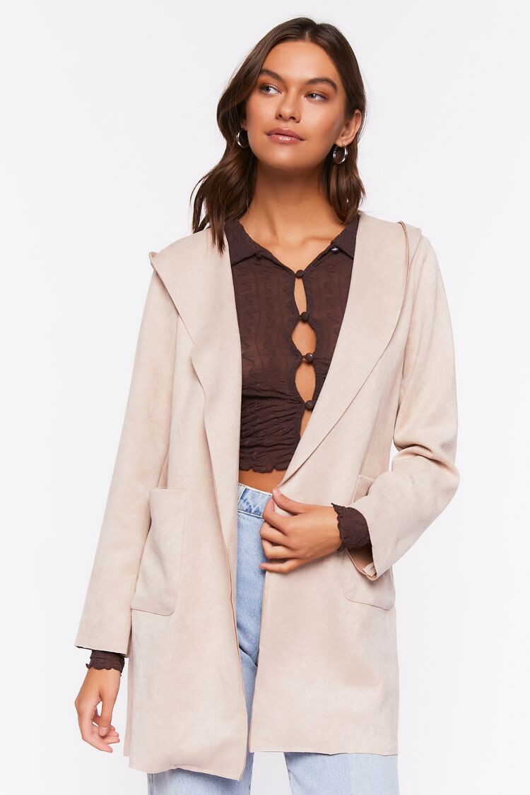 Women's Faux Suede Hooded Longline Jacket in Beige Medium | Forever 21