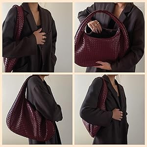 Burgundy Vegan Leather Shoulder Bag for Women Large Woven Burgundy Purse Tote Bag Hobo Travel Han... | Amazon (US)