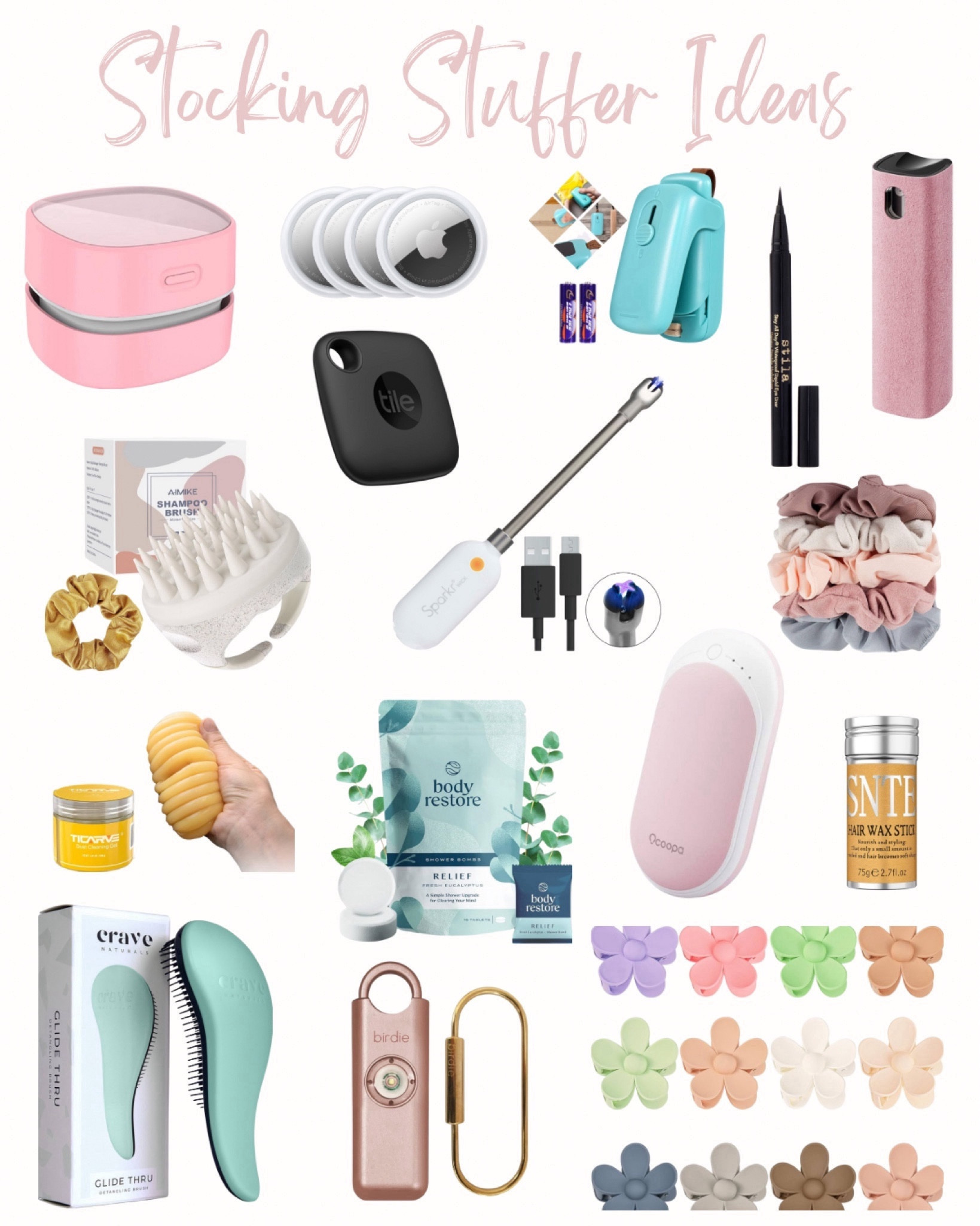 Stocking stuffer ideas! 
Shower steamers, candle lighter, personal safety alarm, claw clips, apple AirTag, bluetooth tracker, mini bag sealer, eye liner, detangling brush, scrunchies, car cleaning gel, desktop vacuum cleaner, mist cleaner, hair wax stick, scalp massager, hand warmer. 

#LTKfindsunder100 #LTKhome #LTKGiftGuide