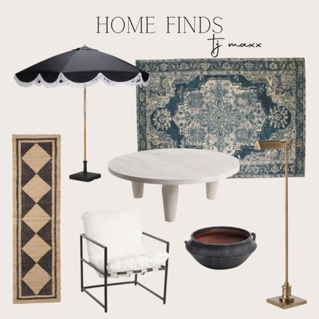 Tj maxx home finds, outdoor umbrella, vintage style rug, round coffee table, modern sitting chair, vintage style home decor, gold floor lamp, shelf decor, black pot 

#LTKFind #LTKunder50 #LTKhome