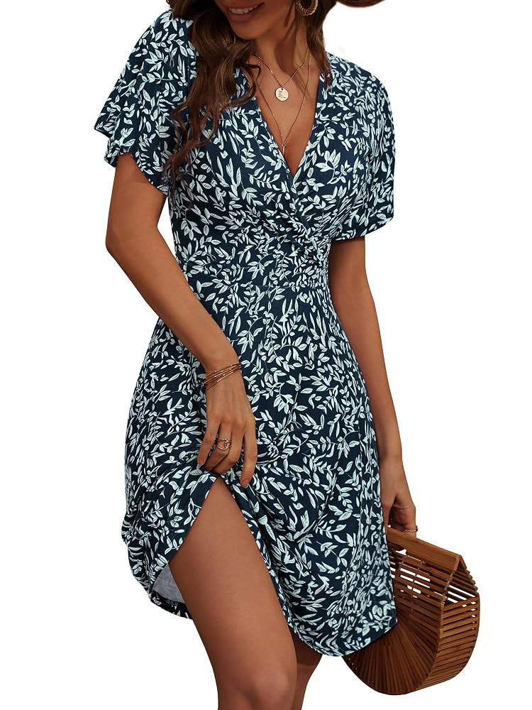 FENSACE Womens Sundress Summer Floral Short Sleeve Wrap V Neck A-Line Midi Dress | Amazon (US)
