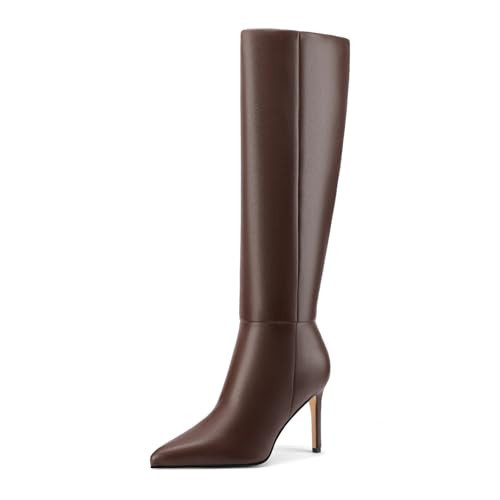 Dumjey Knee High Boots Women Stiletto High Heel Tall Boots Pointed Toe Sexy Long Boots Fashion Dress Shoes with Side Zipper - Brown 7 | Amazon (US)