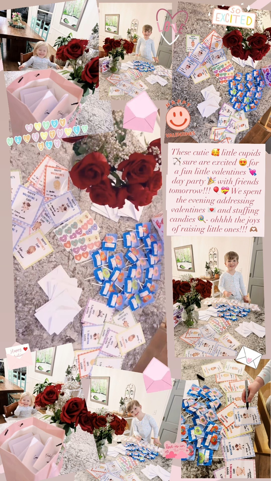 These cutie 🥰 little cupids 🏹 sure are excited 😍 for a fun little valentines 💘 day party 🎉 with friends tomorrow!!! 🎈💝 We spent the evening addressing valentines 💌 and stuffing candies 🍭- ohhhh the joys of raising little ones!!! 🫶🏽